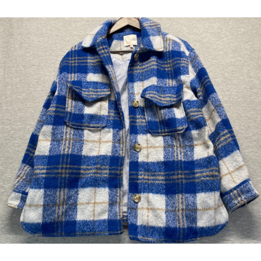 GB Jacket Womens Medium Blue White Plaid Lined Flap Pocket Collared Button Front